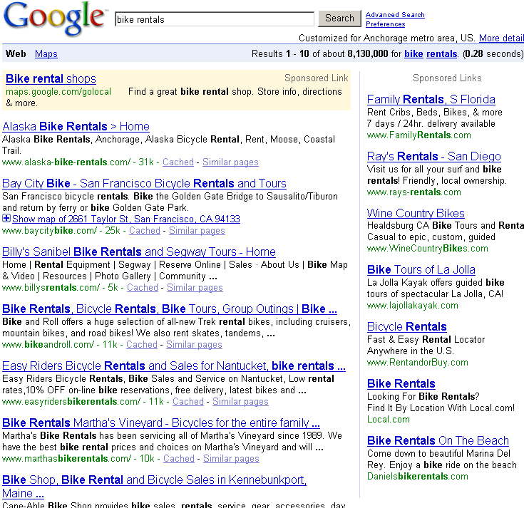 Alaska Bike Rentals on First Page of Google. 11/13/08 NWDS built this site and fine tuned it until it remains consistently on the first page of Google